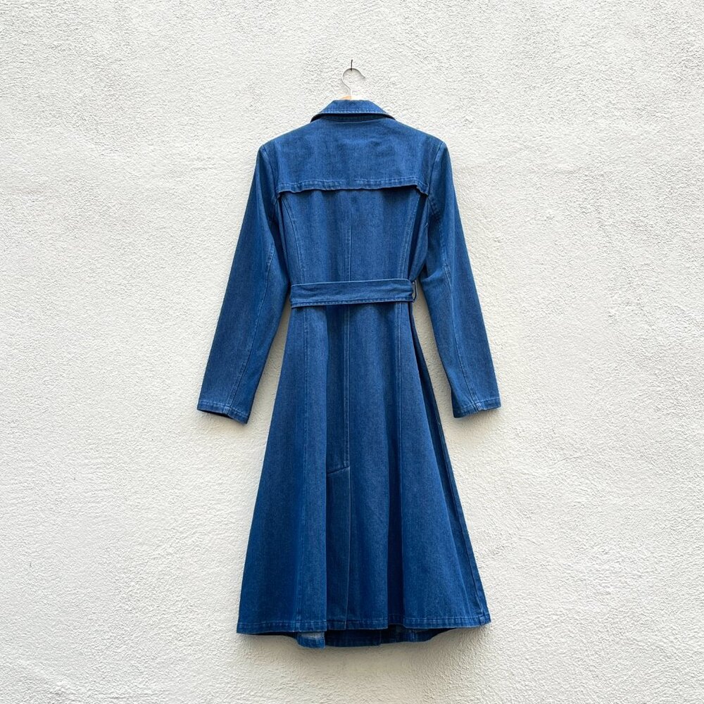 Women's Solitaire Blue Denim Belted Double Breasted Cotton Trench Coat Small - Picture 6 of 7